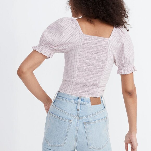 NWT Madewell Seersucker Hopewell Puff-Sleeve Crop Top in Plaid - Picture 3 of 6